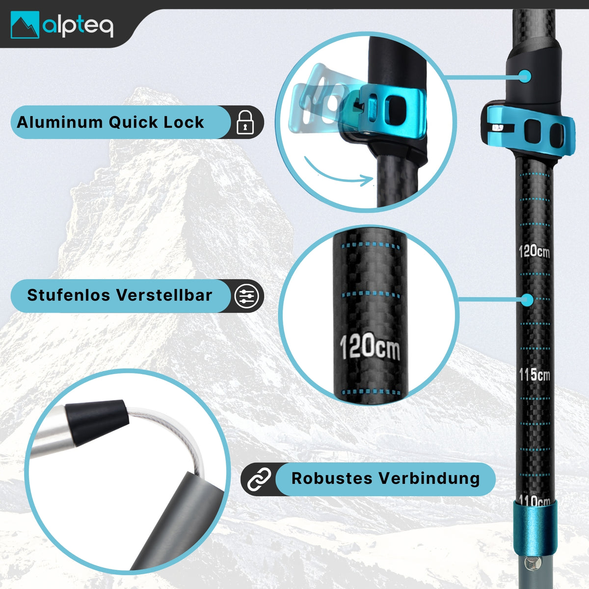 Matterhorn - faltbare Wanderstöcke aus Carbon-Zicral | Teal Blue 110-130 cm