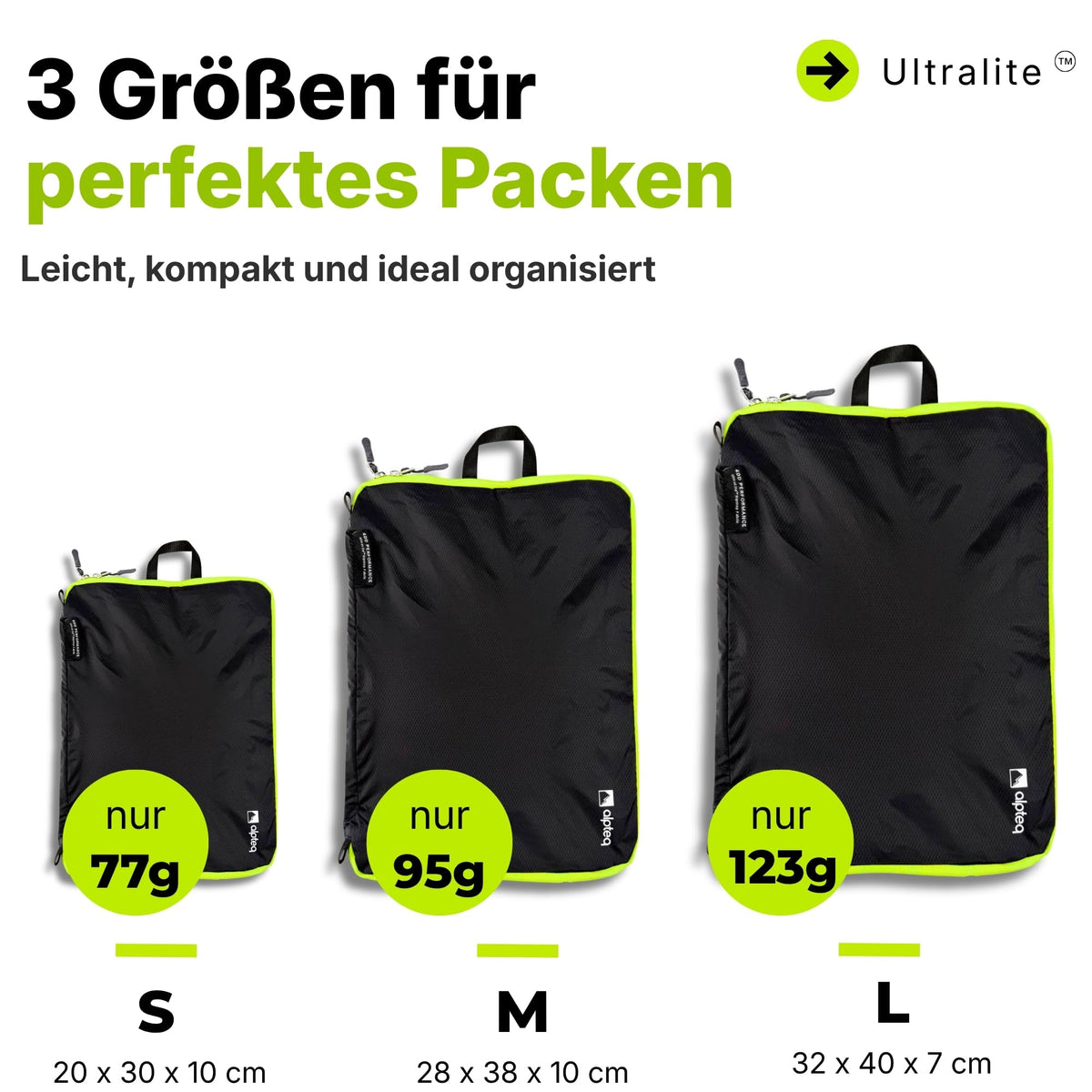 Alpteq® Profi-Packtaschen mit Kompression Schwarz – 3-teiliges ultraleichtes Koffer-Organizer-Set, Packing Cubes aus wasserdichtem Stoff, Packwürfel für Reisen & Rucksack