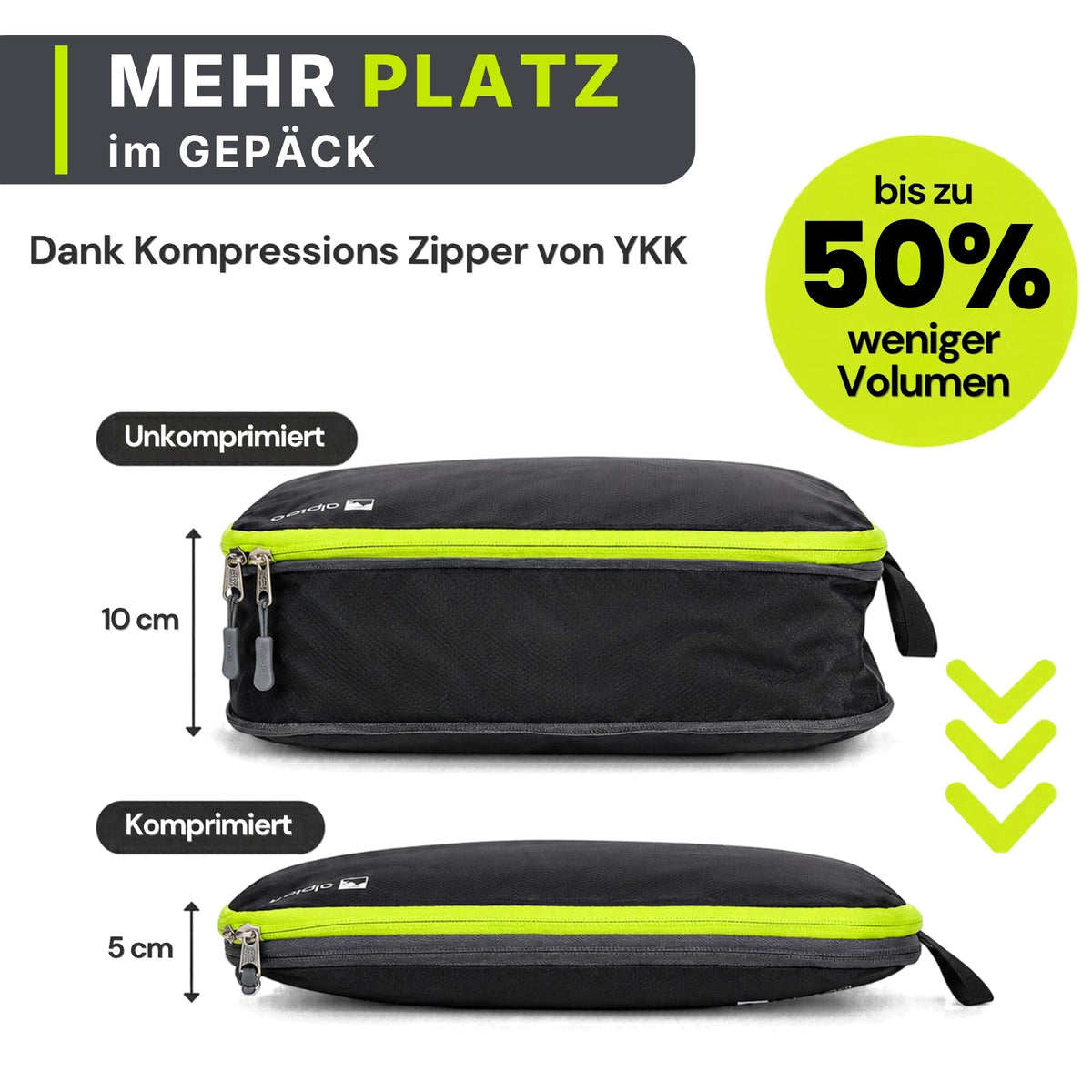 Alpteq® Profi-Packtaschen mit Kompression Schwarz – 3-teiliges ultraleichtes Koffer-Organizer-Set, Packing Cubes aus wasserdichtem Stoff, Packwürfel für Reisen & Rucksack