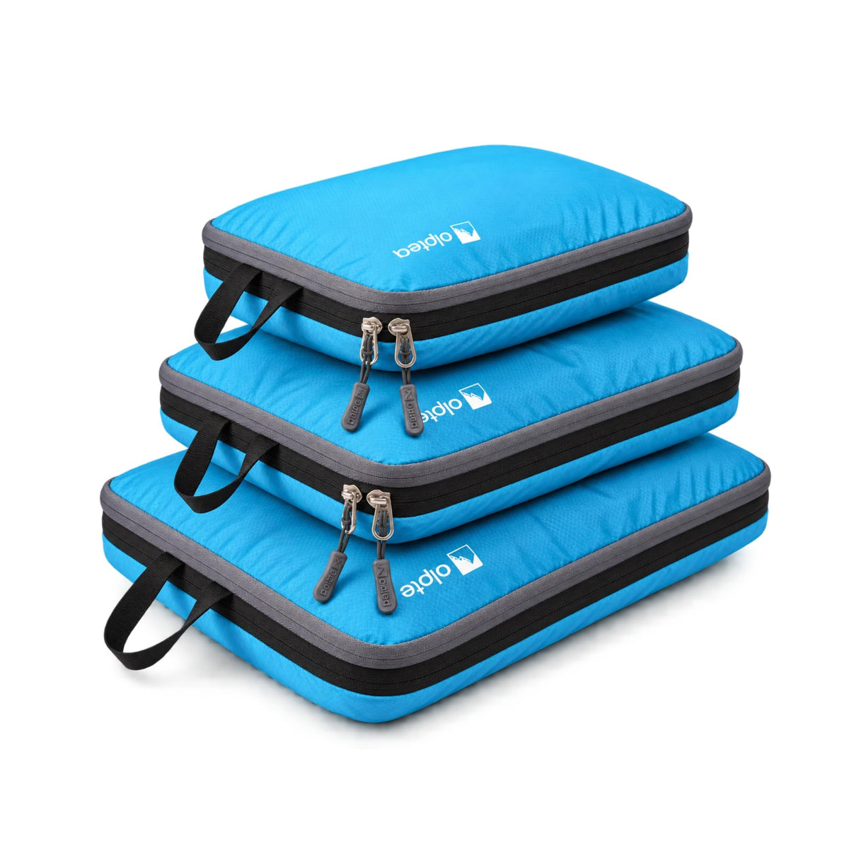 Alpteq® Profi-Packtaschen mit Kompression Blau – 3-teiliges ultraleichtes Koffer-Organizer-Set, Packing Cubes aus wasserdichtem Stoff, Packwürfel für Reisen & Rucksack