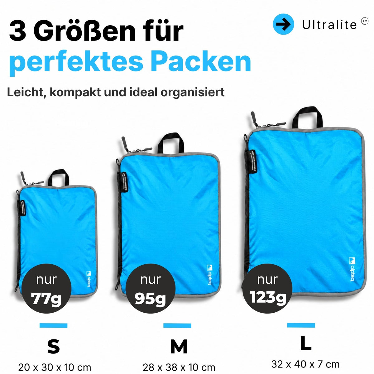 Alpteq® Profi-Packtaschen mit Kompression Blau – 3-teiliges ultraleichtes Koffer-Organizer-Set, Packing Cubes aus wasserdichtem Stoff, Packwürfel für Reisen & Rucksack
