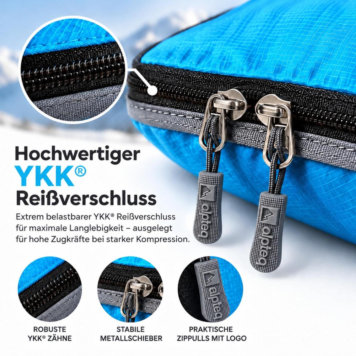 Alpteq® Profi-Packtaschen mit Kompression Blau – 3-teiliges ultraleichtes Koffer-Organizer-Set, Packing Cubes aus wasserdichtem Stoff, Packwürfel für Reisen & Rucksack
