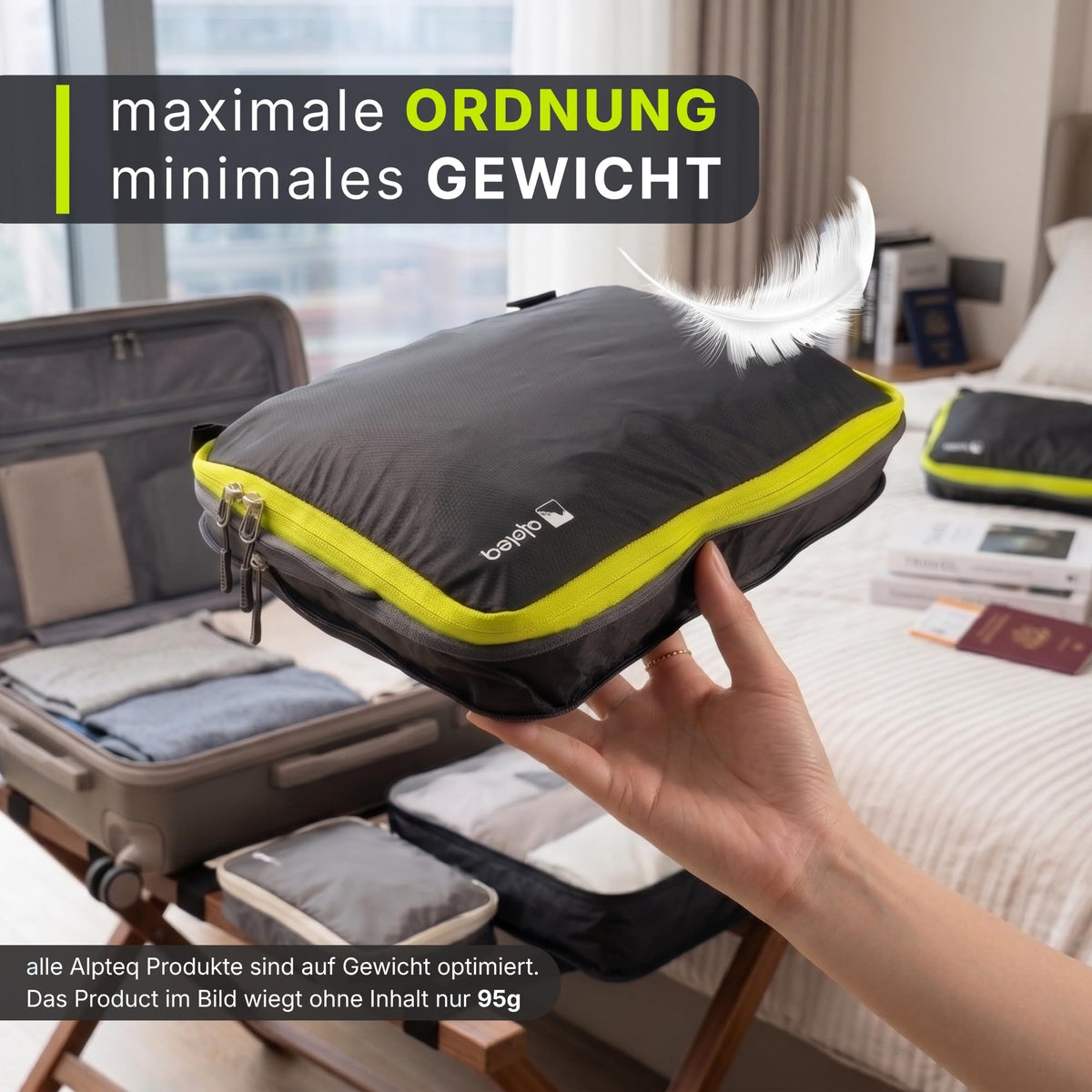 Alpteq® Profi-Packtaschen mit Kompression Schwarz – 3-teiliges ultraleichtes Koffer-Organizer-Set, Packing Cubes aus wasserdichtem Stoff, Packwürfel für Reisen & Rucksack