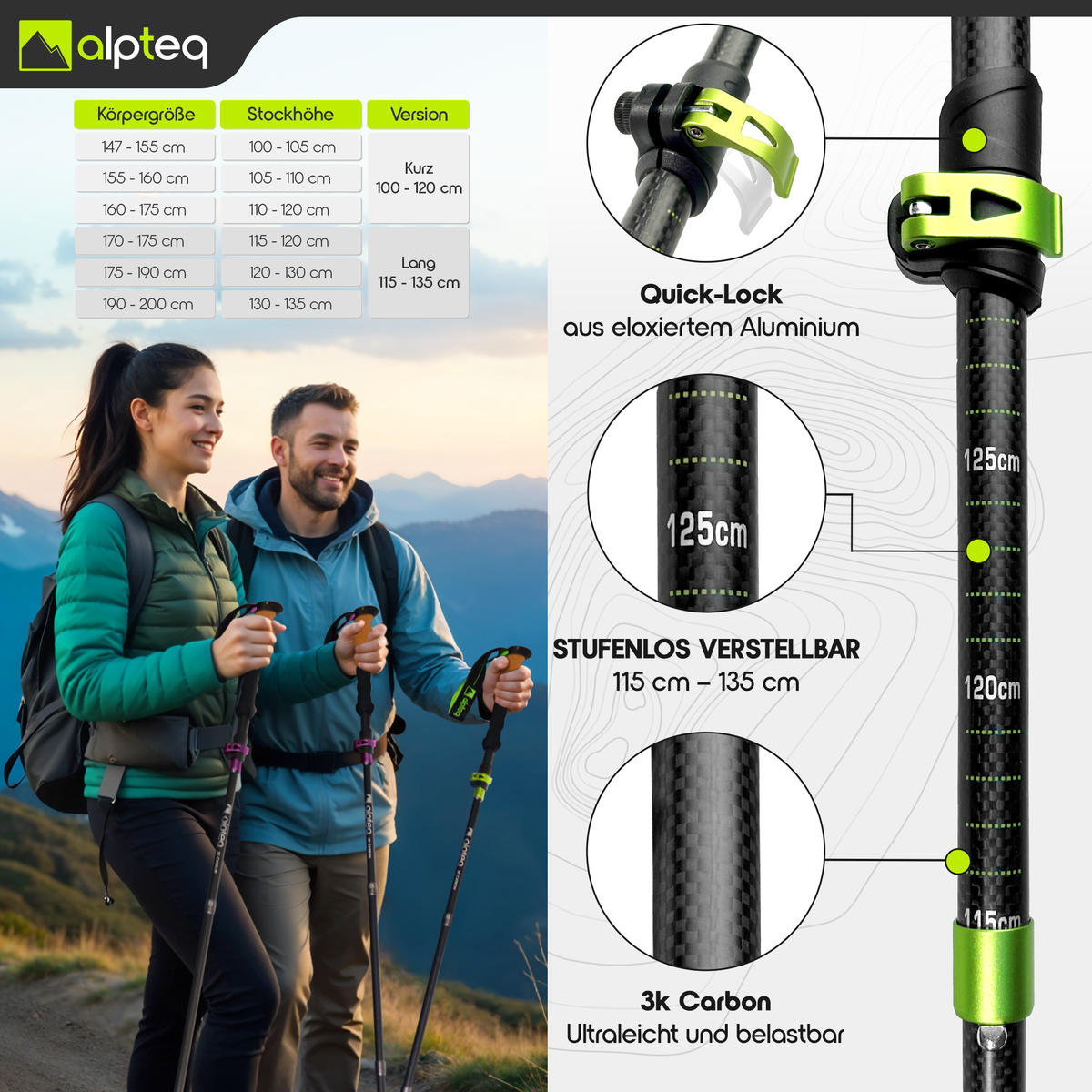 Dufourspitze - faltbare Wanderstöcke aus Carbon | Lime 115-135 cm