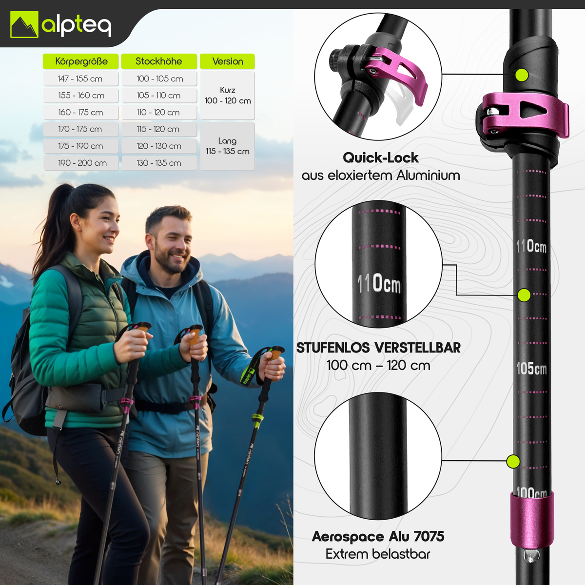 Dachstein - faltbare Wanderstöcke aus Aluminium | Pink 100-120 cm