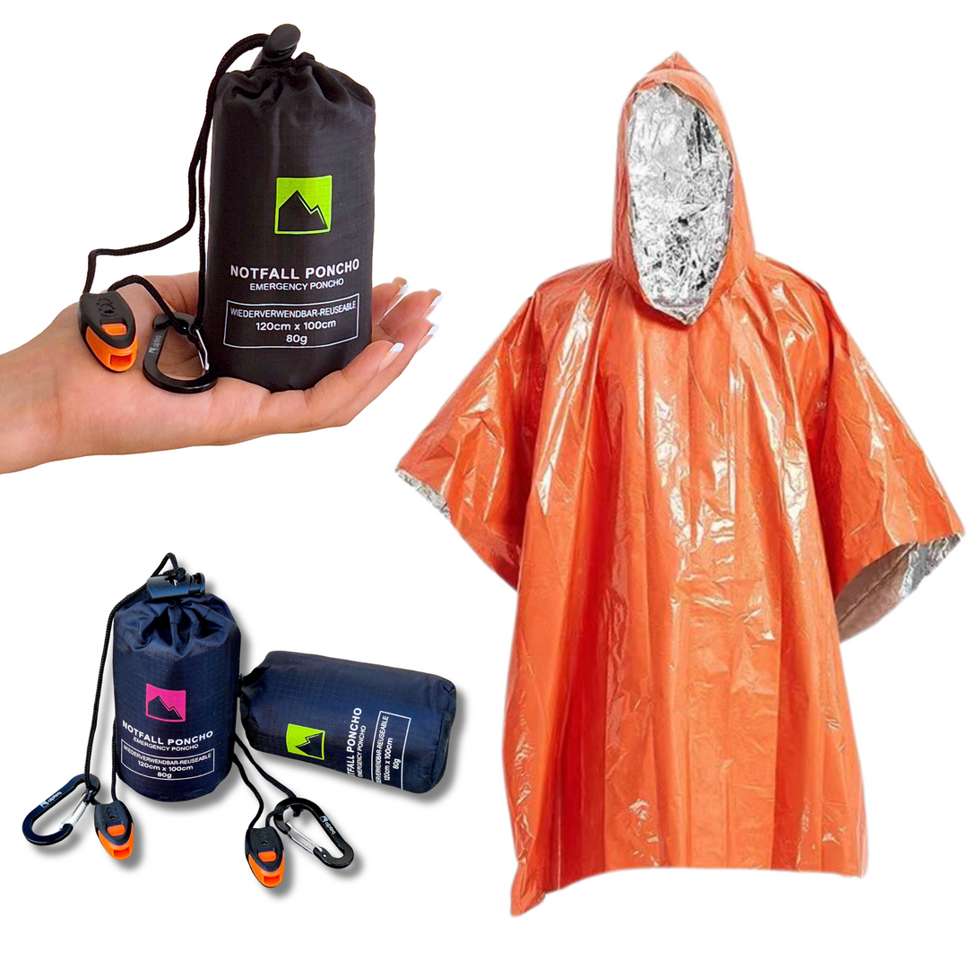 Notfall Poncho | Regenponcho mit Kapuze & Signalpfeife | wasserdicht, wärmend, reflektierend