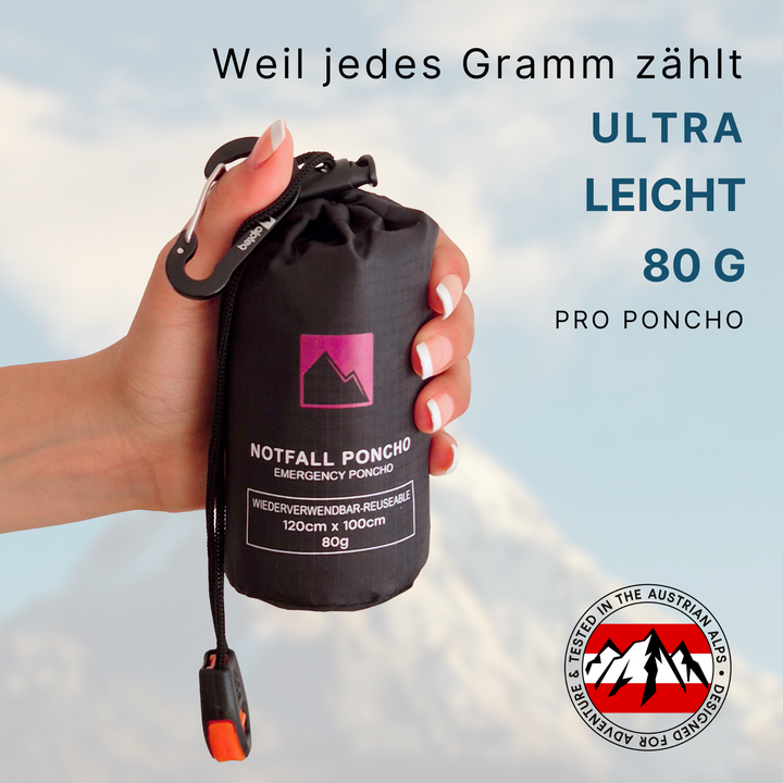 Notfall Poncho | Regenponcho mit Kapuze & Signalpfeife | wasserdicht, wärmend, reflektierend