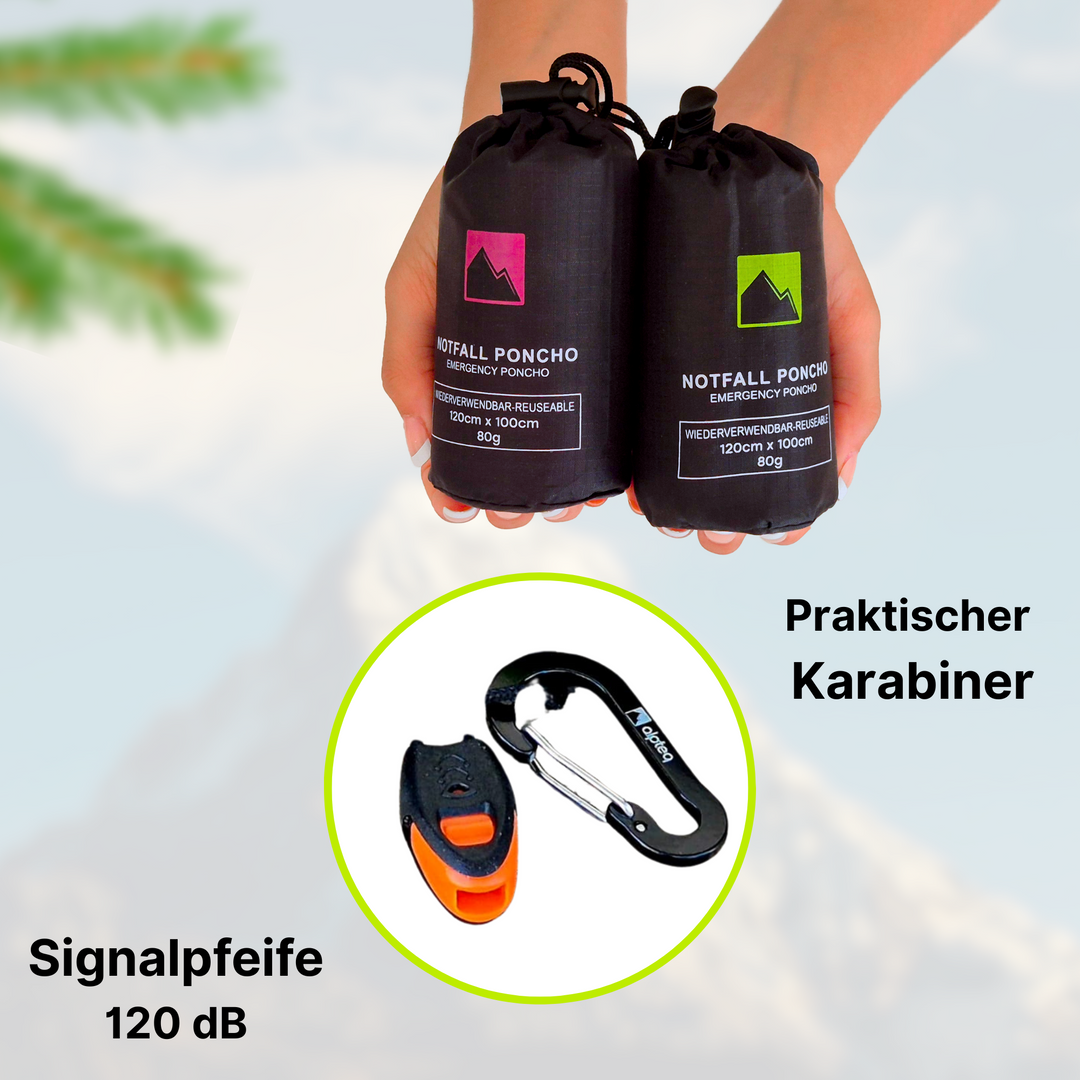 Notfall Poncho | Regenponcho mit Kapuze & Signalpfeife | wasserdicht, wärmend, reflektierend