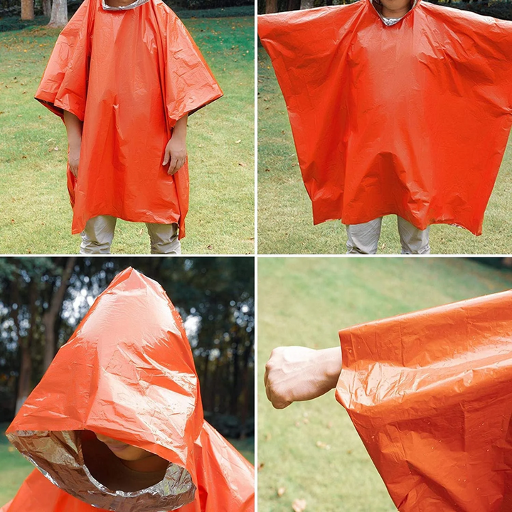 Notfall Poncho mit Kapuze & Signalpfeife | Wasserdicht, Wärmend & Reflektierend