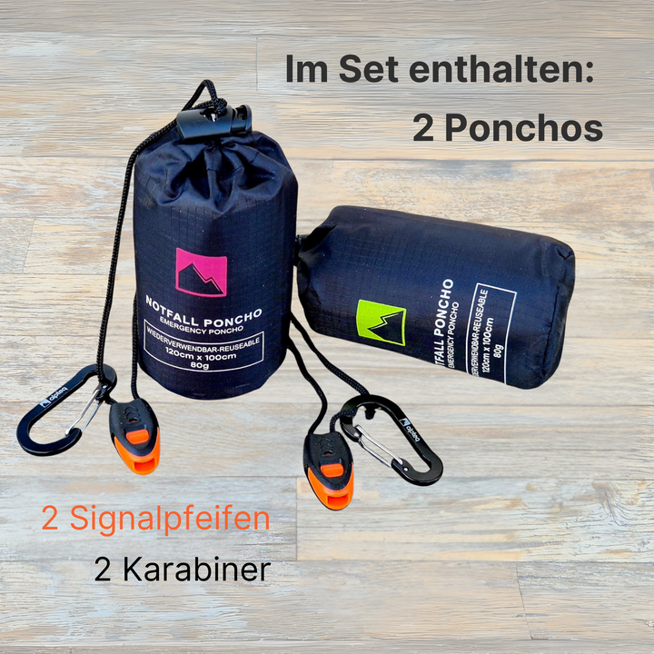 Notfall Poncho | Regenponcho mit Kapuze & Signalpfeife | wasserdicht, wärmend, reflektierend