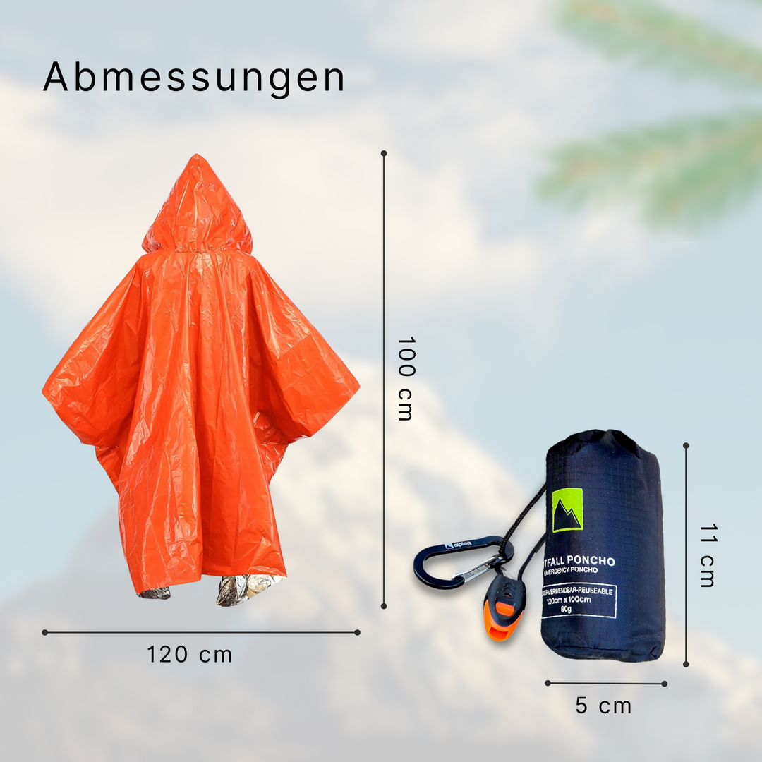 Notfall Poncho | Regenponcho mit Kapuze & Signalpfeife | wasserdicht, wärmend, reflektierend