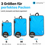 Alpteq® Profi-Packtaschen mit Kompression Blau – 3-teiliges ultraleichtes Koffer-Organizer-Set, Packing Cubes aus wasserdichtem Stoff, Packwürfel für Reisen & Rucksack