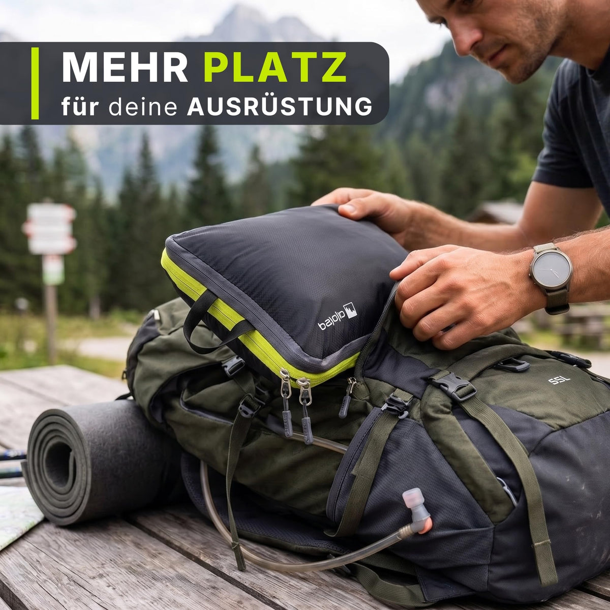 Alpteq® Profi-Packtaschen mit Kompression Schwarz – 3-teiliges ultraleichtes Koffer-Organizer-Set, Packing Cubes aus wasserdichtem Stoff, Packwürfel für Reisen & Rucksack