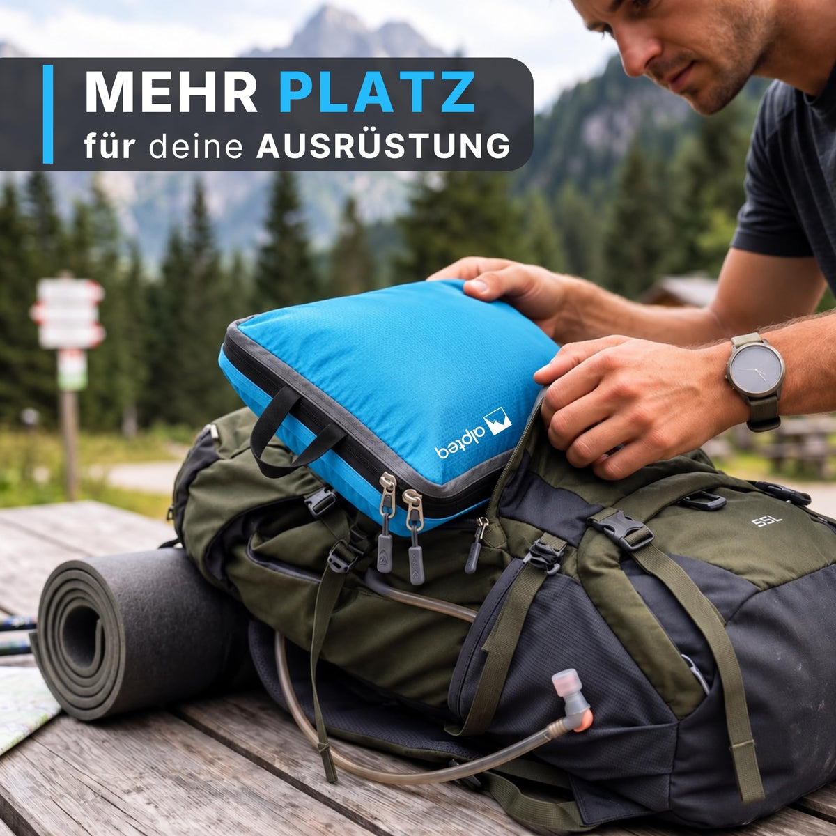 Alpteq® Profi-Packtaschen mit Kompression Blau – 3-teiliges ultraleichtes Koffer-Organizer-Set, Packing Cubes aus wasserdichtem Stoff, Packwürfel für Reisen & Rucksack