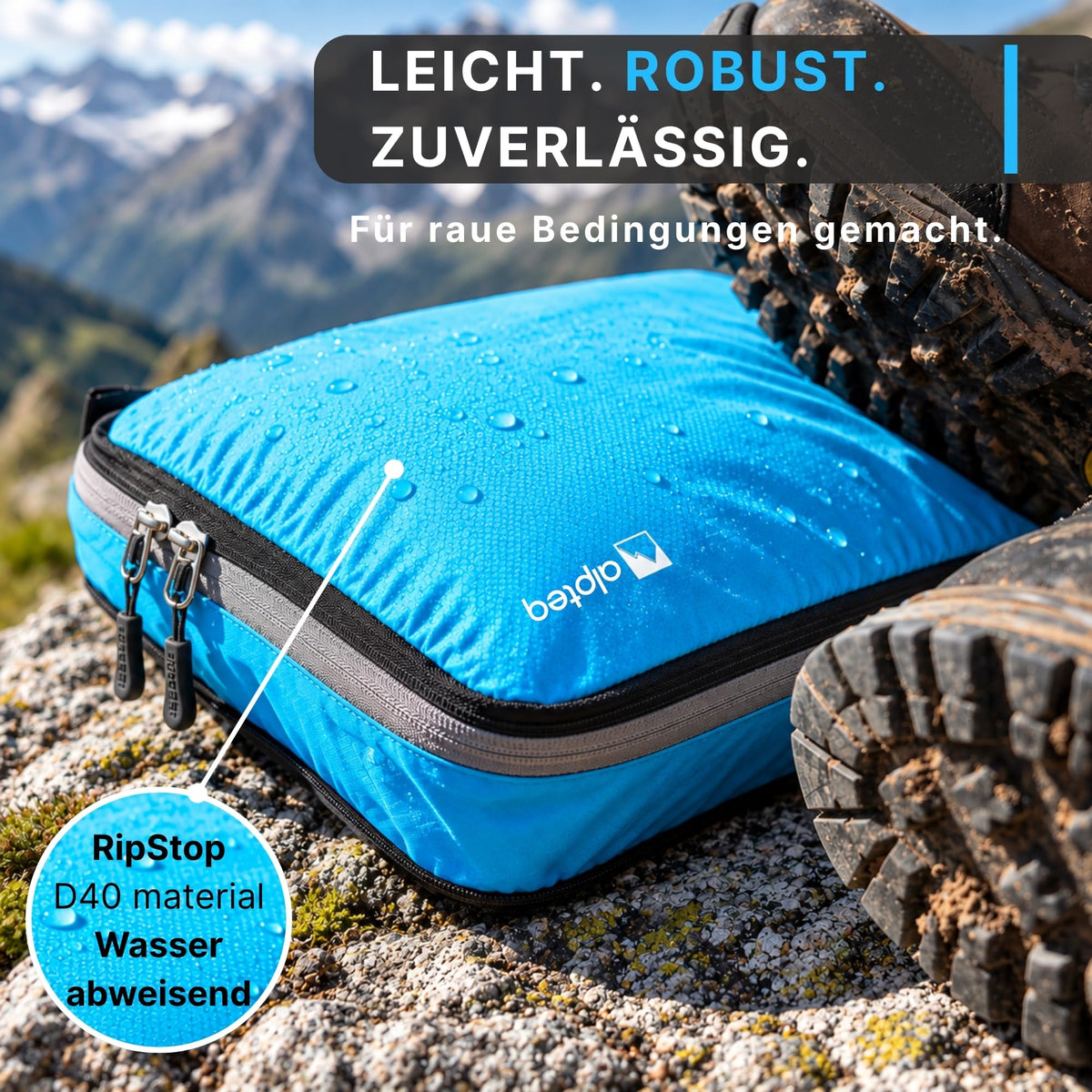 Alpteq® Profi-Packtaschen mit Kompression Blau – 3-teiliges ultraleichtes Koffer-Organizer-Set, Packing Cubes aus wasserdichtem Stoff, Packwürfel für Reisen & Rucksack