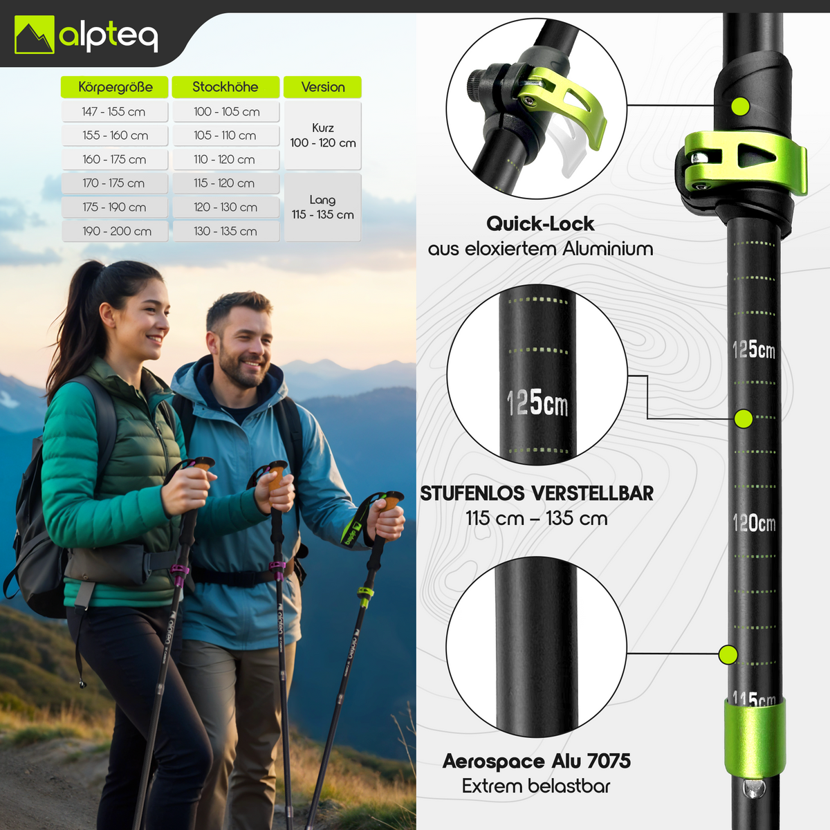 Dachstein - faltbare Wanderstöcke aus Aluminium | Lime 115-135 cm