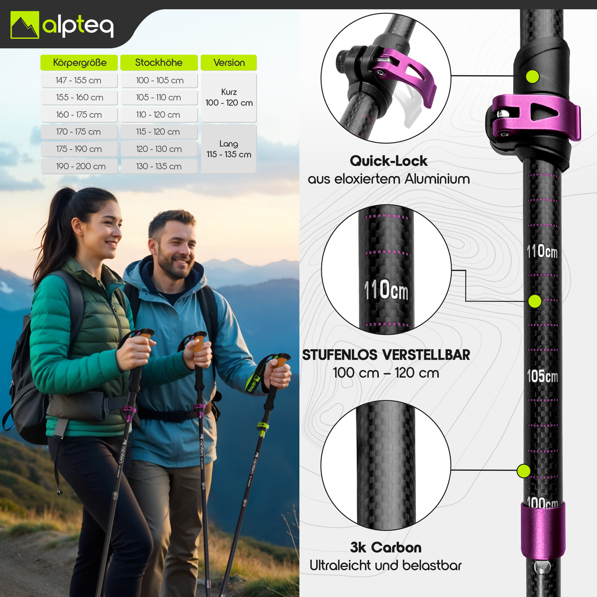 Dufourspitze - faltbare Wanderstöcke aus Carbon | Pink 100-120 cm