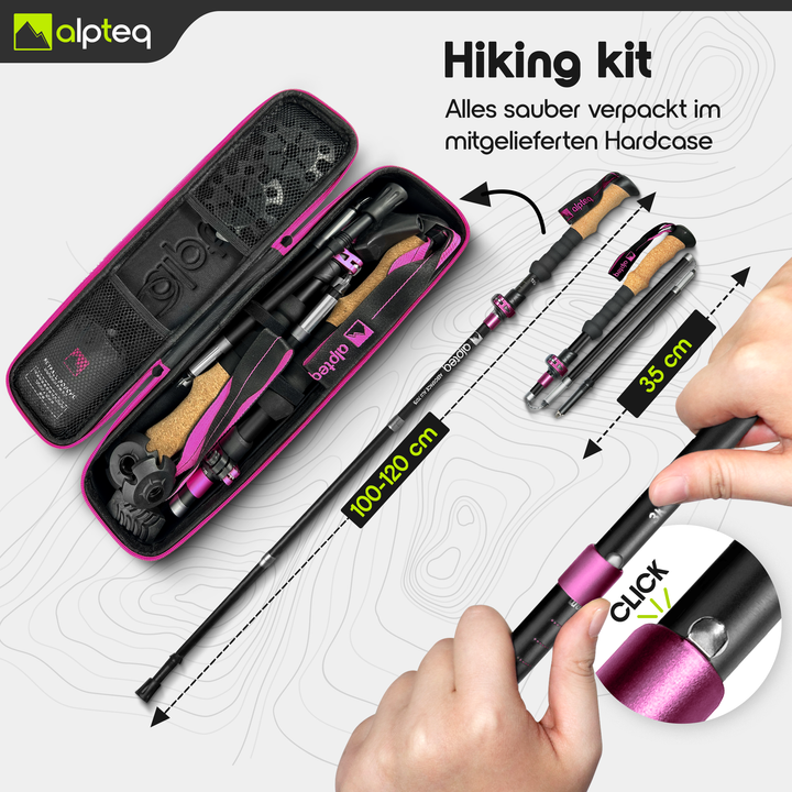 Foldable Hiking Poles - Aluminum 100-120 cm Pink