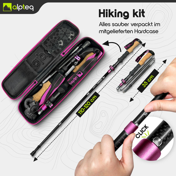 Foldable Trekking Poles Carbon - Hot Pink
