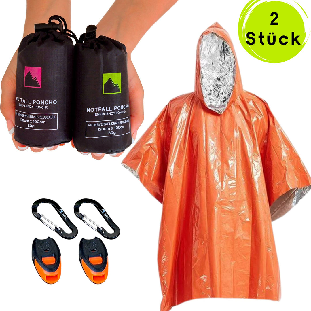Notfall Poncho | Regenponcho mit Kapuze & Signalpfeife | wasserdicht, wärmend, reflektierend