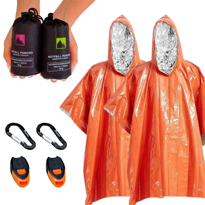 Notfall Poncho | Regenponcho mit Kapuze & Signalpfeife | wasserdicht, wärmend, reflektierend